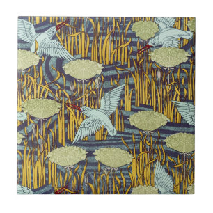Azulejo De Cerâmica Kingfishers e Flores Rush Art Nouveau