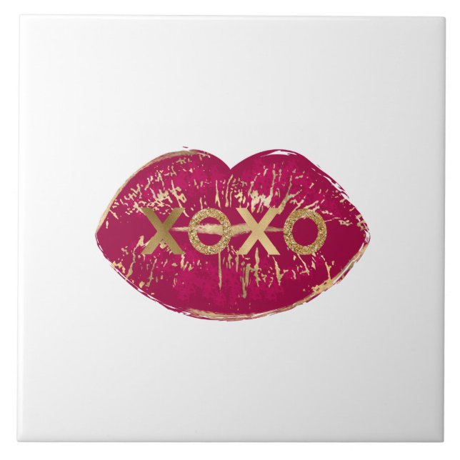 Azulejo De Cerâmica Kiss Red Lábios Dourado Glitter XOXO (Frente)