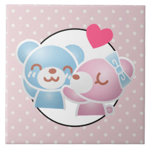 Azulejo De Cerâmica KIssing Bears em Bolinhas Cute e Kawaii