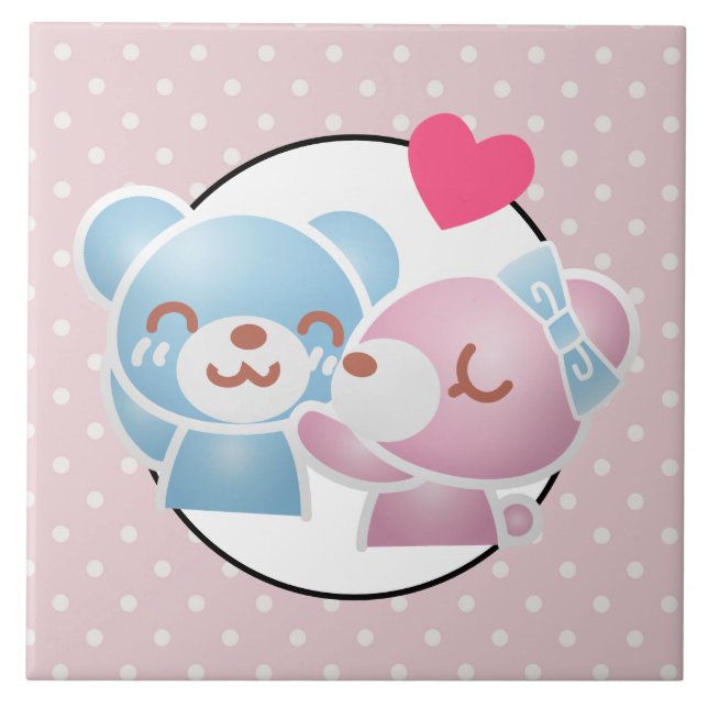 Azulejo De Cerâmica KIssing Bears em Bolinhas Cute e Kawaii (Frente)