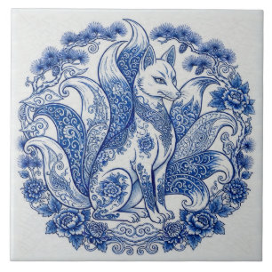 Azulejo De Cerâmica Kitsune de Nove Caudas Estilo Imari Azul Branco