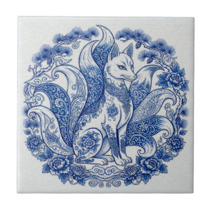 Azulejo De Cerâmica Kitsune de Nove Caudas Estilo Imari Azul Branco