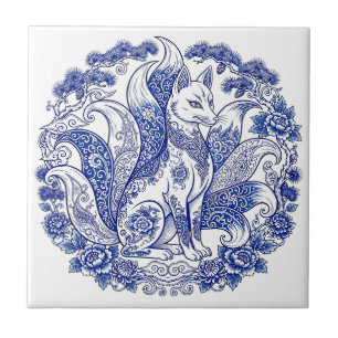 Azulejo De Cerâmica Kitsune de Nove Caudas Estilo Imari Azul Branco