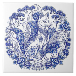 Azulejo De Cerâmica Kitsune de Raposa de Nove Caudas Estilo Imari Azul