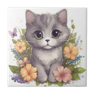 Azulejo De Cerâmica Kitten Cinza Doce com Flores Kawaii Chibi