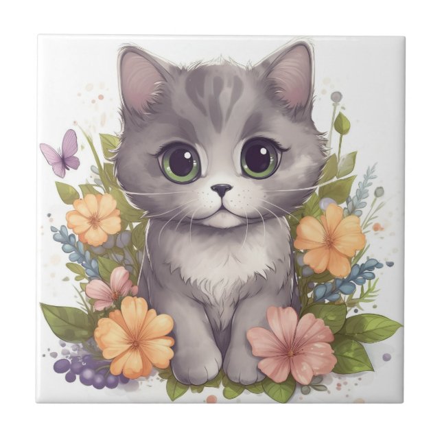 Azulejo De Cerâmica Kitten Cinza Doce com Flores Kawaii Chibi (Frente)
