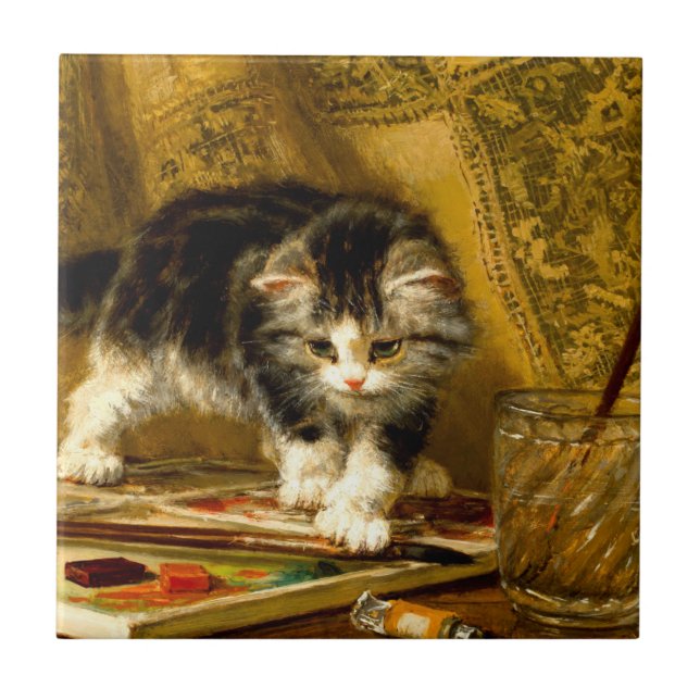 Azulejo De Cerâmica Kitten com pintura e escovas (Frente)