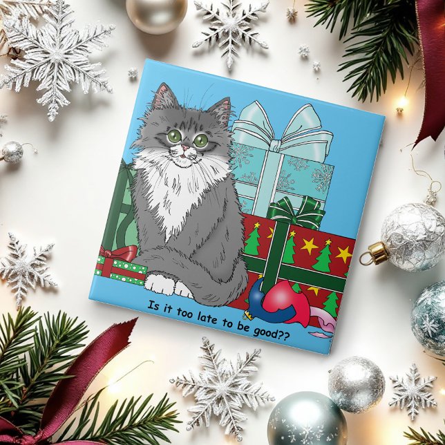 Azulejo De Cerâmica Kitten de Natal Branco da cinza (Criador carregado)