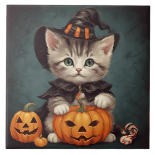 Azulejo De Cerâmica Kitten no Halloween Costume e Jack-O-Lanterna