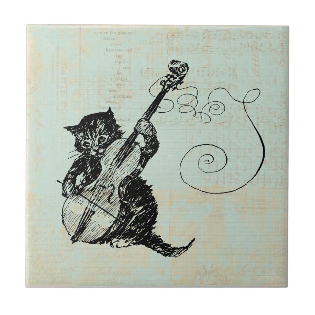 Azulejo De Cerâmica Kitten Tocando Ilustração De Gato De Música Teal V (Frente)