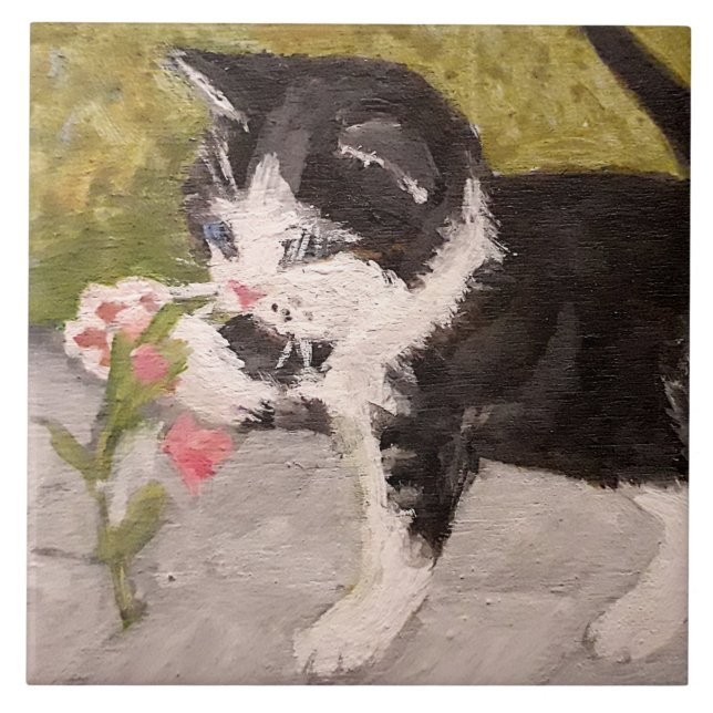 Azulejo De Cerâmica Kitty Brincando com Flor Rosa (Frente)