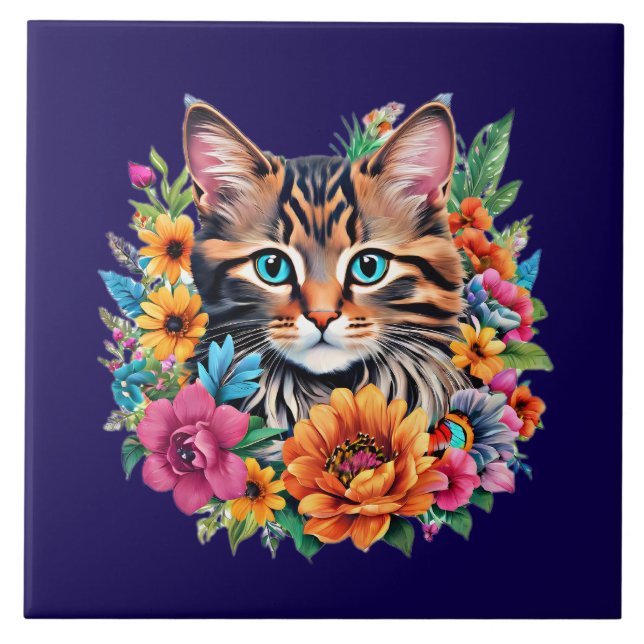 Azulejo De Cerâmica Kitty Cat em azul marinho (Frente)