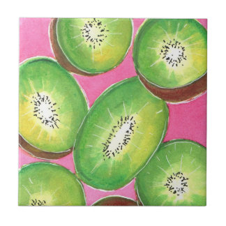 Azulejo De Cerâmica Kiwi com guardanapo cor-de-rosa verde-neto e rosa