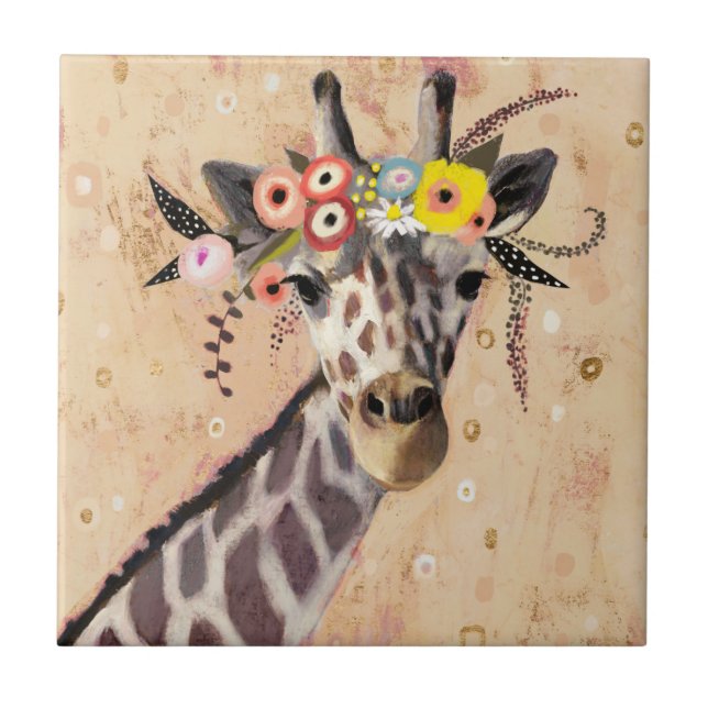 Azulejo De Cerâmica Klimt Giraffe | Coroa De Flores (Frente)