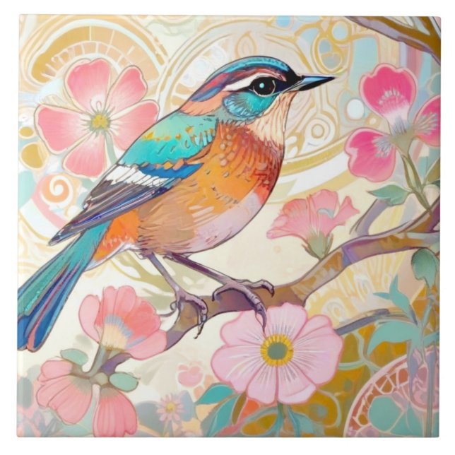 Azulejo De Cerâmica Klimt Oriental Asian Art Nouveau Inspo Floral Bird (Frente)