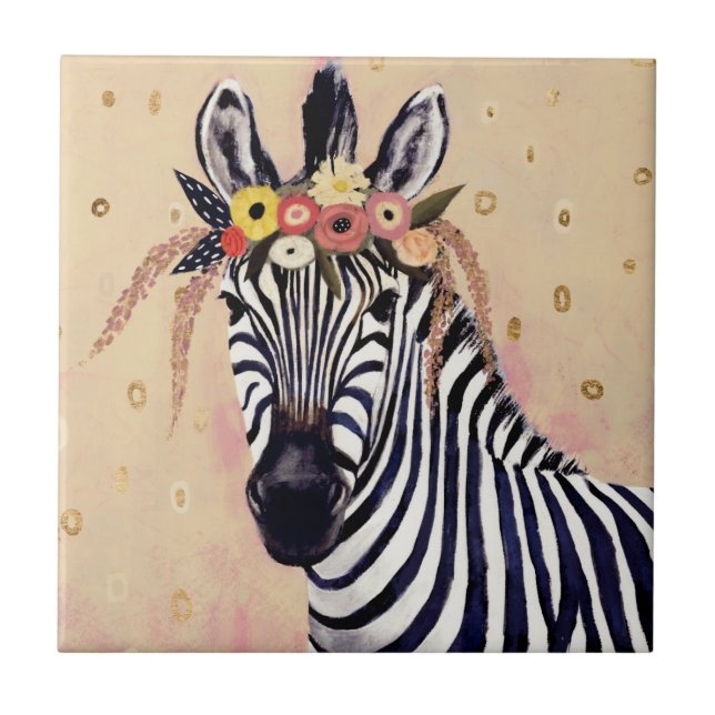 Azulejo De Cerâmica Klimt Zebra | Adornada Em Flores (Frente)