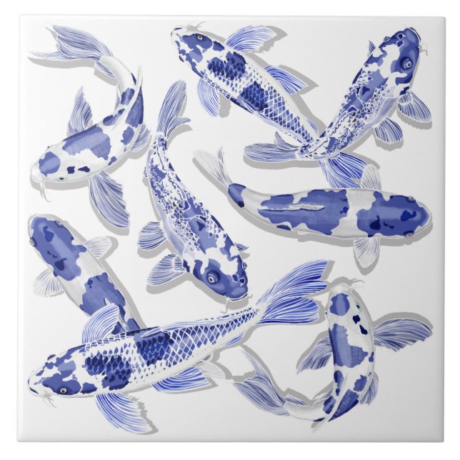 Azulejo De Cerâmica Koi azul e branco (Frente)