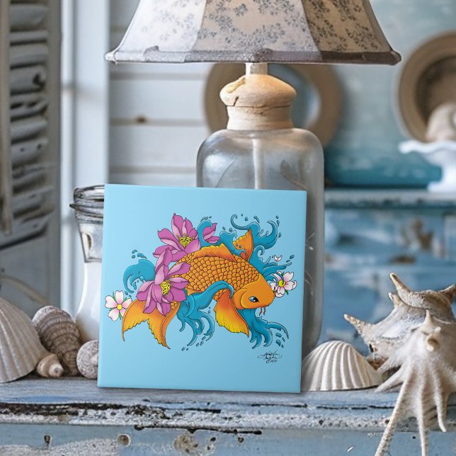 Azulejo De Cerâmica Koi Fish Lotus Chery Blossoms (Criador carregado)