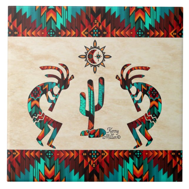 Azulejo De Cerâmica Kokopelli E Cactus (Frente)