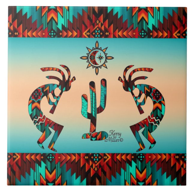 Azulejo De Cerâmica Kokopelli E Cactus (Frente)