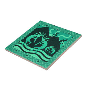 Azulejo De Cerâmica Kokopelli Turquesa Sudoeste E Trivet Negro