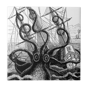 Azulejo De Cerâmica Kraken Eatting um navio de navigação