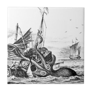 Azulejo De Cerâmica Kraken/polvo Eatting um navio de pirata,