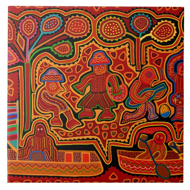 Azulejo De Cerâmica Kuna Indian Mola Men in Boats (Frente)