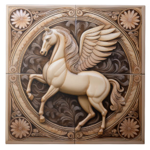 Azulejo De Cerâmica L Cavalo Alado Beige falso relevo Art Nouveau