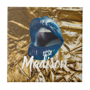 Azulejo De Cerâmica Lábios Azuis Dourados Makeup Beauty Personalizado