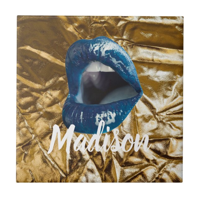 Azulejo De Cerâmica Lábios Azuis Dourados Makeup Beauty Personalizado  (Frente)