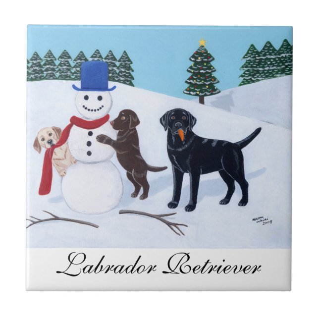 Azulejo De Cerâmica Labrador Christmas com a pintura Snowman (Frente)
