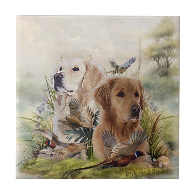 Azulejo De Cerâmica Labrador Retrievers com Faisão, Arte (Frente)
