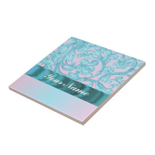 Azulejo De Cerâmica Lace azul-úmido rosa