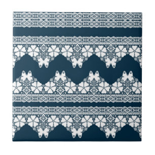 Azulejo De Cerâmica Lace branco retrô com borboletas em azul escuro b