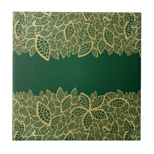 Azulejo De Cerâmica Laço dourado da folha no fundo verde