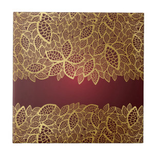 Azulejo De Cerâmica Laço dourado da folha no fundo vermelho
