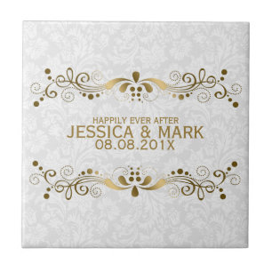 Azulejo De Cerâmica Laço Dourado floral elegante com damascos brancos