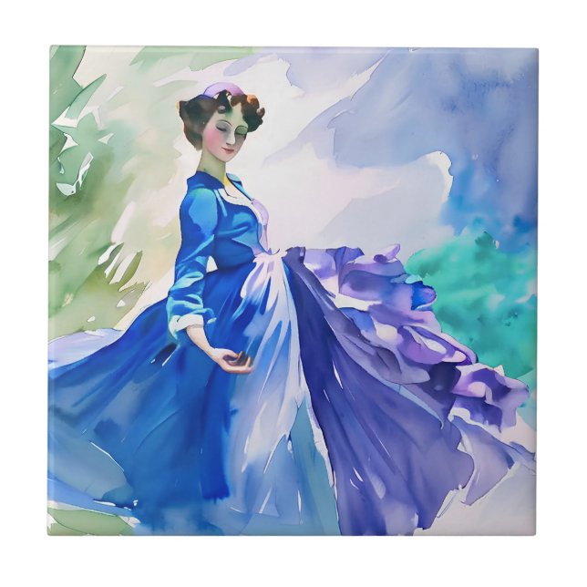 Azulejo De Cerâmica Lady in Blue Vress - Pintura por Aquarela (Frente)