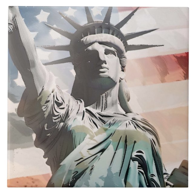 Azulejo De Cerâmica Lady Liberty e a bandeira americana (Frente)