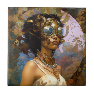 Azulejo De Cerâmica Lady Vestindo Óculos Fantasia Negra Sci-Fi