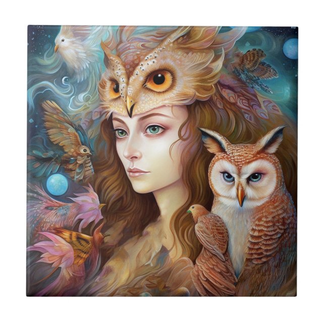 Azulejo De Cerâmica Lady With Owl Surreal Fantasy Art (Frente)