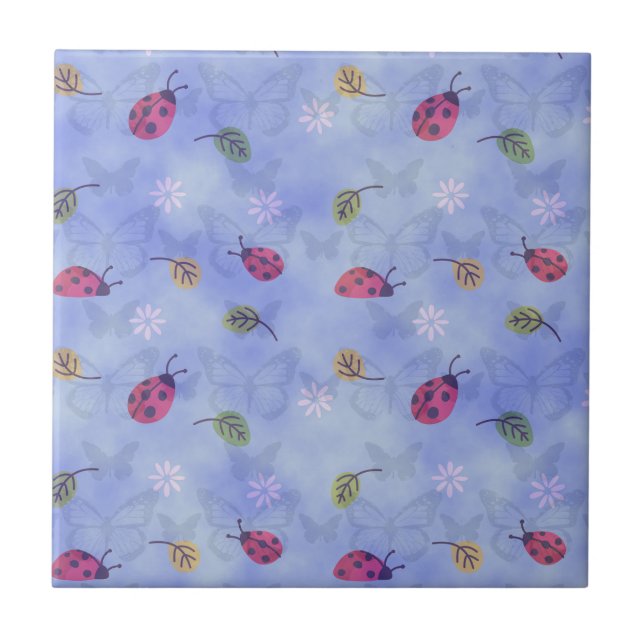 Azulejo De Cerâmica Ladybirds and Falling Leaves Blue Pattern (Frente)