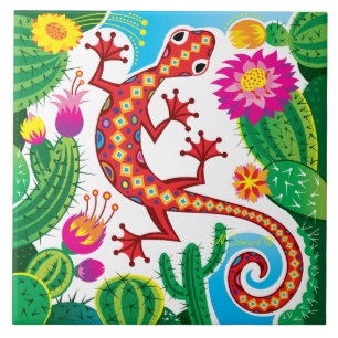 Azulejo De Cerâmica Lagartixa do Sudoeste com Flores de Cacto