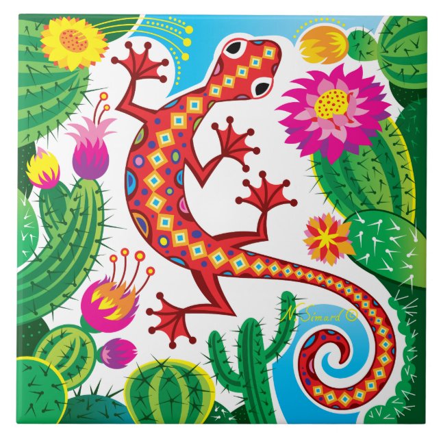 Azulejo De Cerâmica Lagartixa do Sudoeste com Flores de Cacto (Frente)