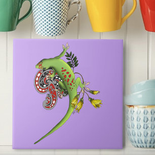 Azulejo De Cerâmica Lagarto Verde Tribal Lavanda Vermelho