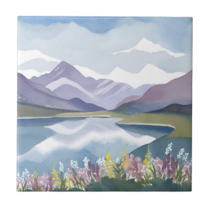 Azulejo De Cerâmica Lago da Montanha   Paisagem em Aquarela Floral