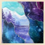 Azulejo De Cerâmica Lago de Neve Mágica Roxo e Teal<br><div class="desc">Sonhando com uma cabana de neve em uma floresta montanhosa? Este design semirabstrato roxo e teal apresenta uma cena de montanha de neve com um lago e árvores, enquadrada por uma falso estrutura roxa e lacrimejante. É como se você tivesse um vislumbre de uma cortina brilhante ou através de um...</div>
