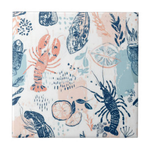 Azulejo De Cerâmica Lagosta Costeira Frutos do Mar Azul Pêssego Náutic