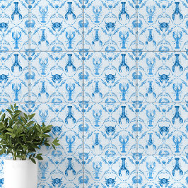 Azulejo De Cerâmica Lagosta e Caranguejos Elegantes em Azul de Centáur